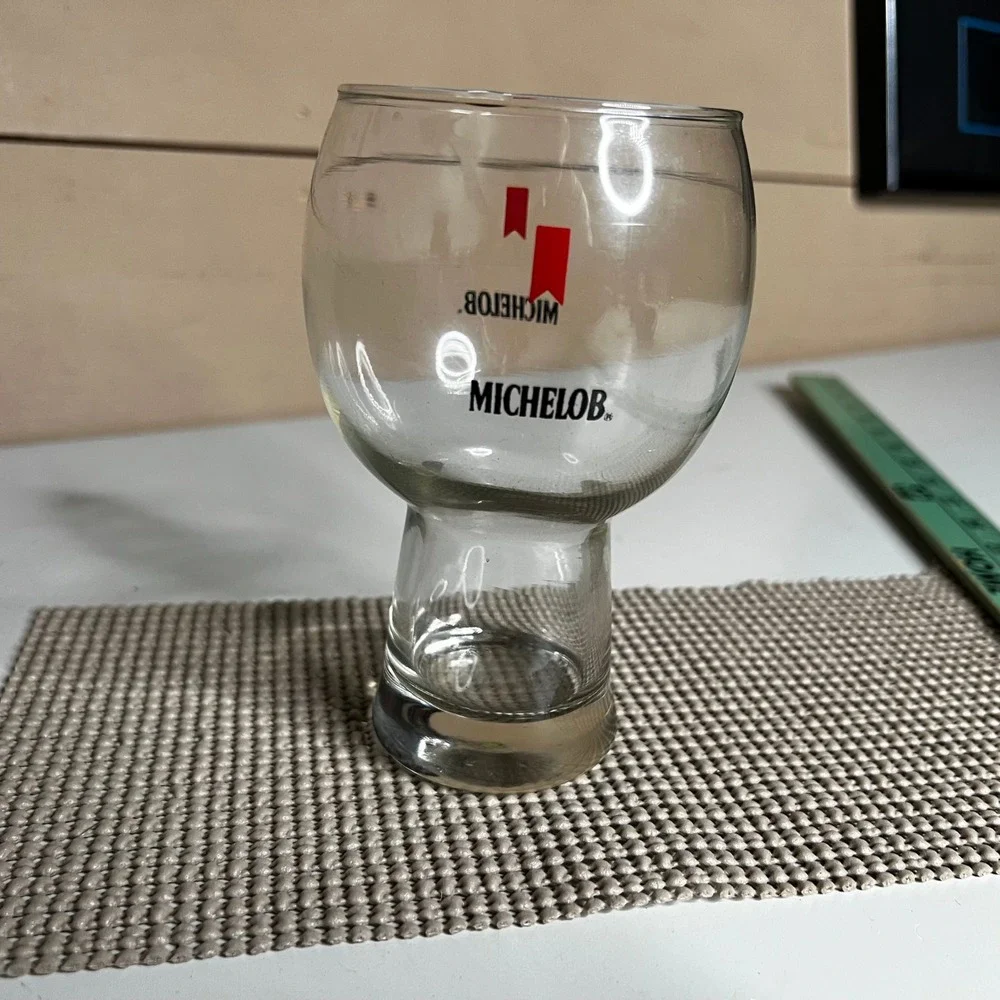 Vintage Michelob Beer Glass Stemmed Tulip Goblet Red Ribbon Logo 6 Inch